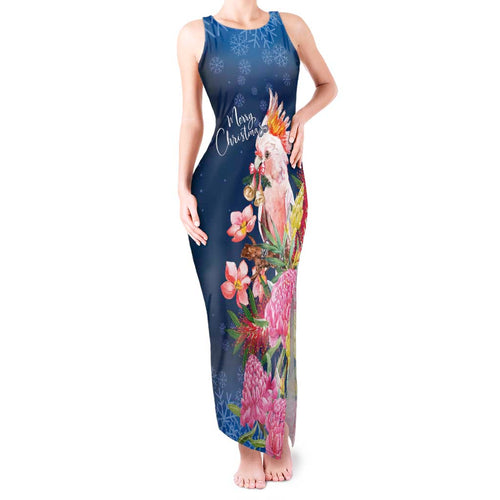 Australia Christmas Pink Cockatoo with Banksia Tank Maxi Dress Snowy Blue - Aussie Hoodie