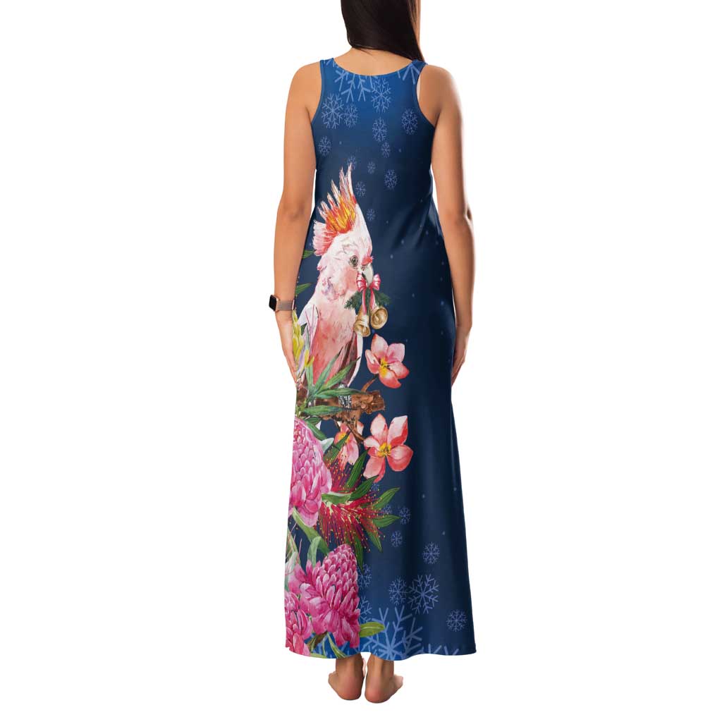 Australia Christmas Pink Cockatoo with Banksia Tank Maxi Dress Snowy Blue - Aussie Hoodie