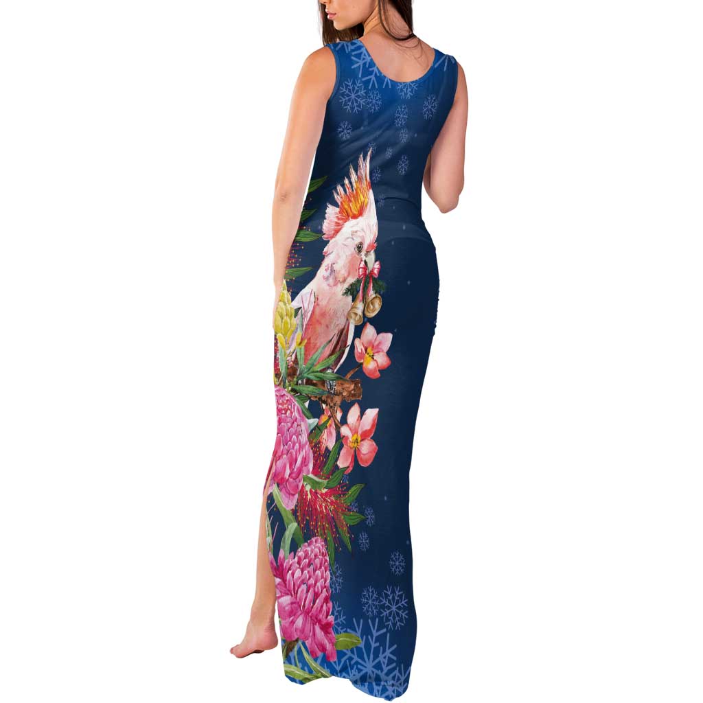 Australia Christmas Pink Cockatoo with Banksia Tank Maxi Dress Snowy Blue - Aussie Hoodie