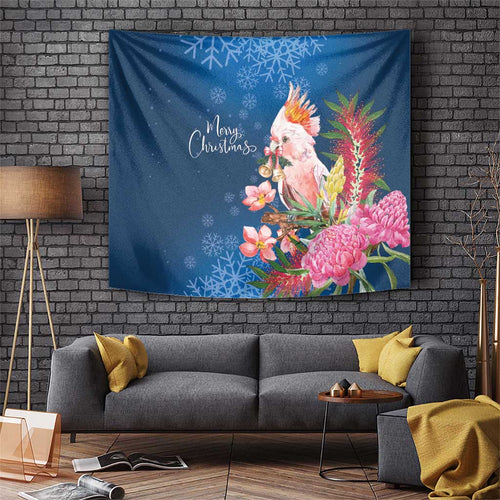 Australia Christmas Pink Cockatoo with Banksia Tapestry Snowy Blue - Aussie Hoodie