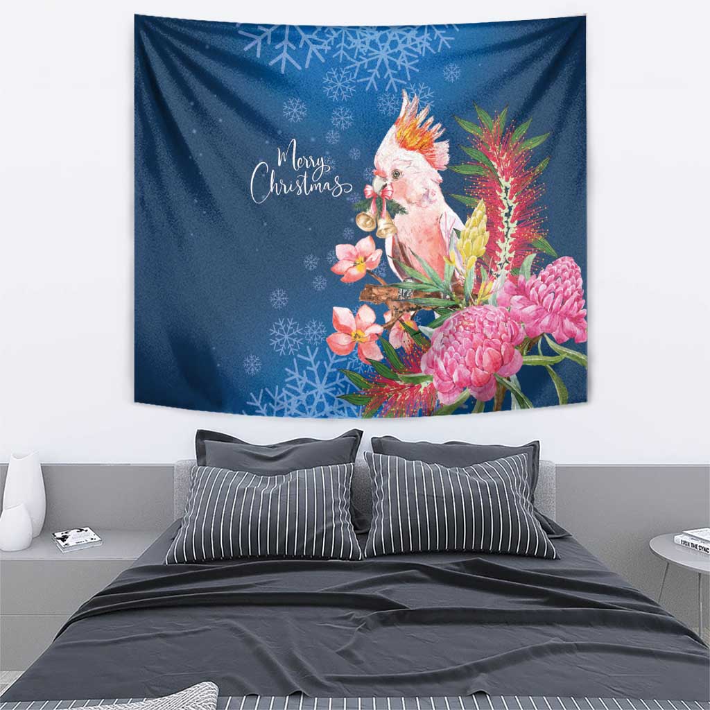 Australia Christmas Pink Cockatoo with Banksia Tapestry Snowy Blue - Aussie Hoodie
