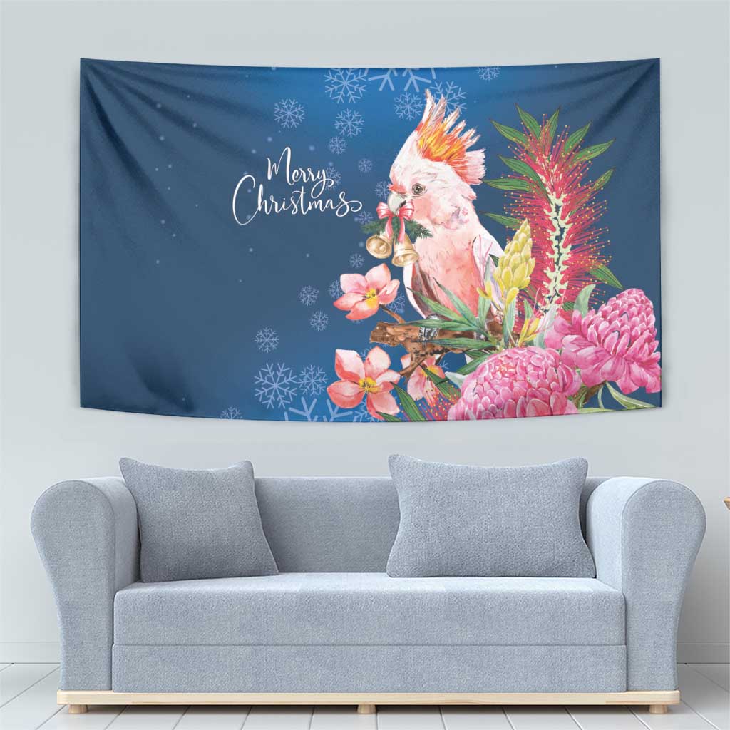 Australia Christmas Pink Cockatoo with Banksia Tapestry Snowy Blue - Aussie Hoodie