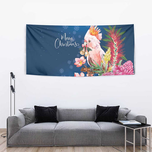 Australia Christmas Pink Cockatoo with Banksia Tapestry Snowy Blue - Aussie Hoodie