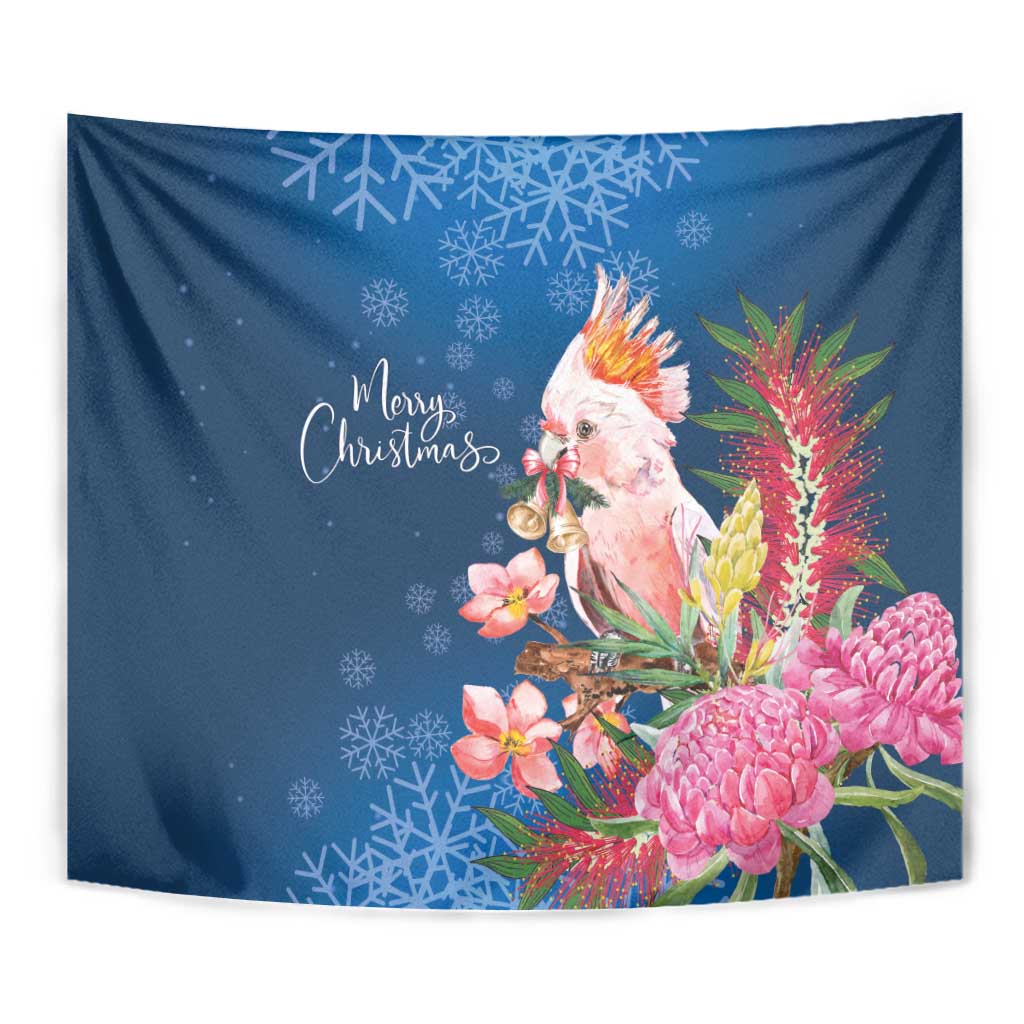 Australia Christmas Pink Cockatoo with Banksia Tapestry Snowy Blue - Aussie Hoodie