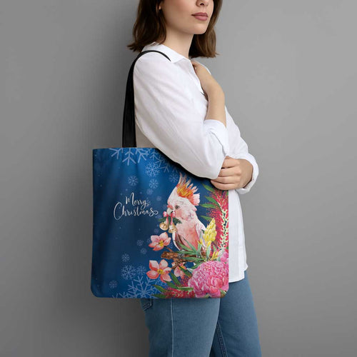 Australia Christmas Pink Cockatoo with Banksia Tote Bag Snowy Blue - Aussie Hoodie