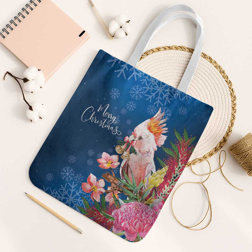 Australia Christmas Pink Cockatoo with Banksia Tote Bag Snowy Blue - Aussie Hoodie