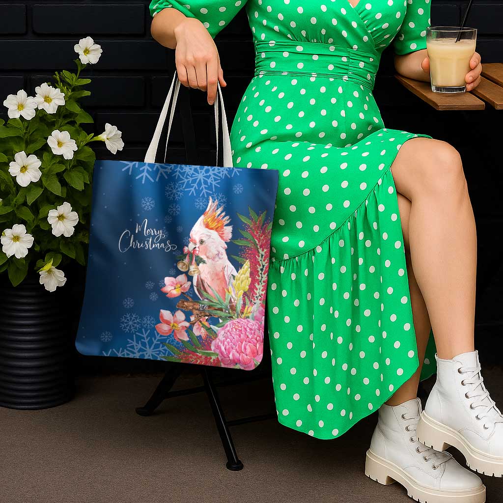 Australia Christmas Pink Cockatoo with Banksia Tote Bag Snowy Blue - Aussie Hoodie