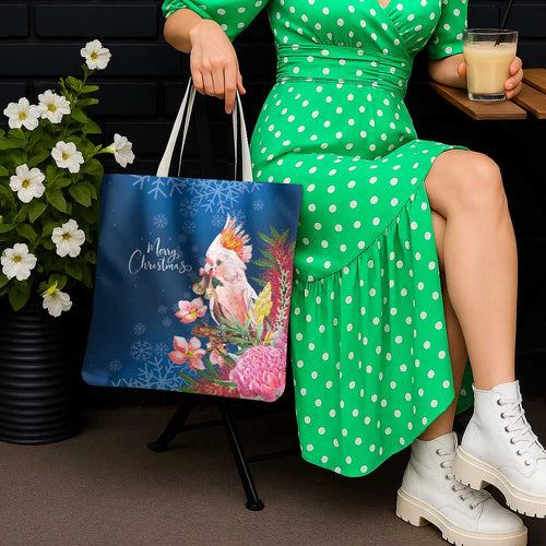 Australia Christmas Pink Cockatoo with Banksia Tote Bag Snowy Blue - Aussie Hoodie