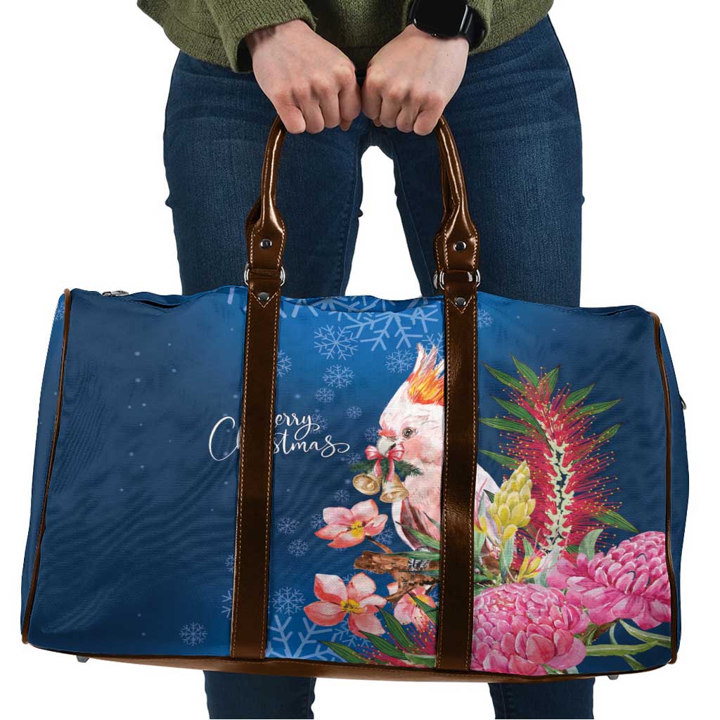 Australia Christmas Pink Cockatoo with Banksia Travel Bag Snowy Blue - Aussie Hoodie
