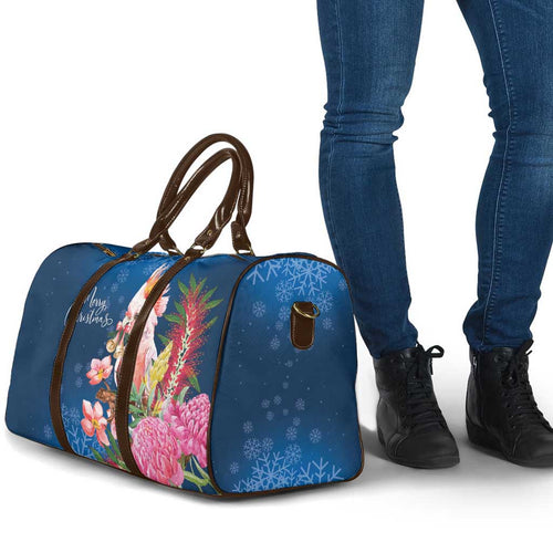 Australia Christmas Pink Cockatoo with Banksia Travel Bag Snowy Blue - Aussie Hoodie
