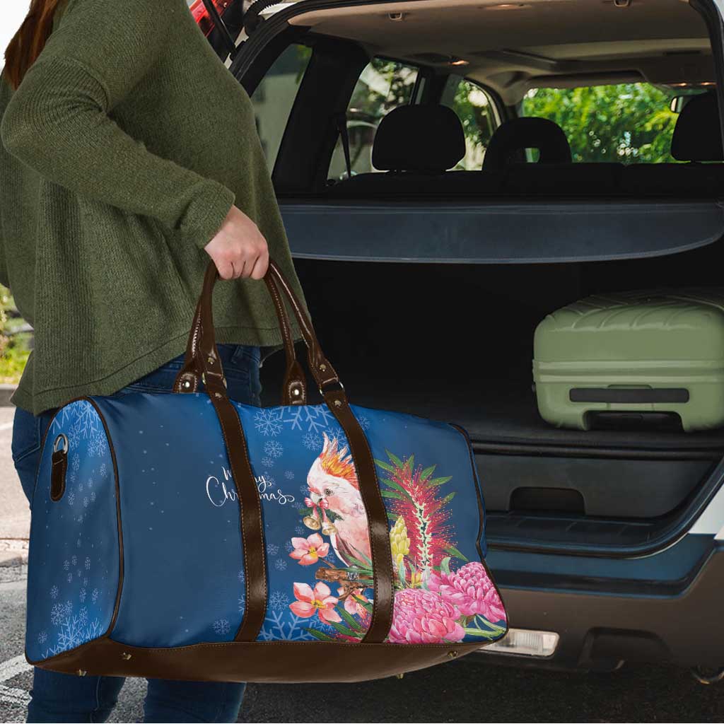Australia Christmas Pink Cockatoo with Banksia Travel Bag Snowy Blue - Aussie Hoodie