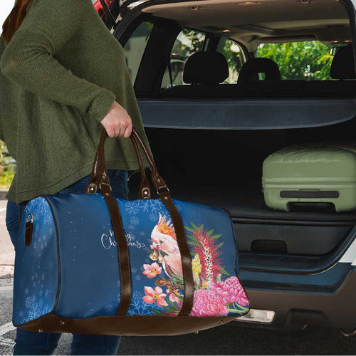 Australia Christmas Pink Cockatoo with Banksia Travel Bag Snowy Blue - Aussie Hoodie