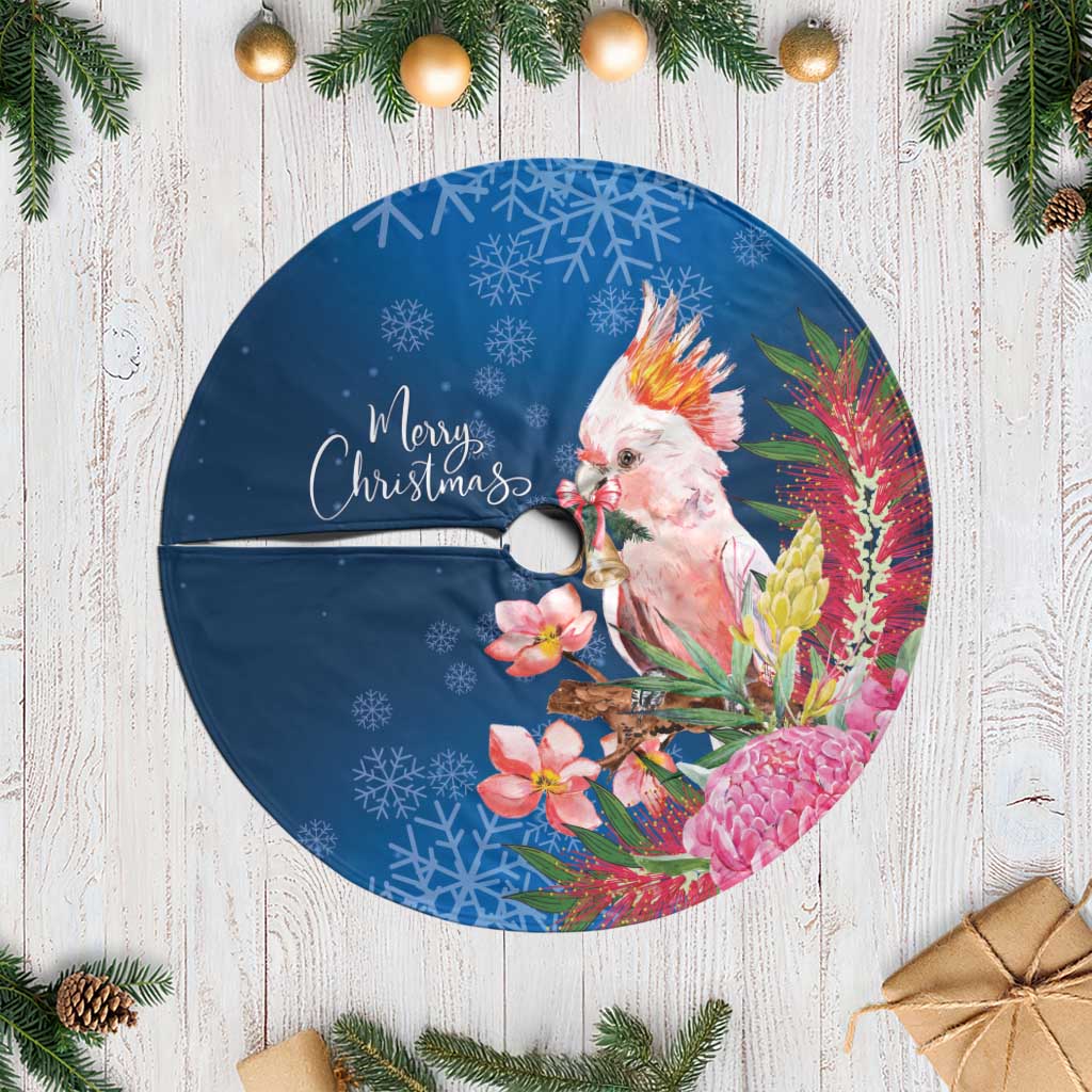 Australia Christmas Pink Cockatoo with Banksia Tree Skirt Snowy Blue - Aussie Hoodie