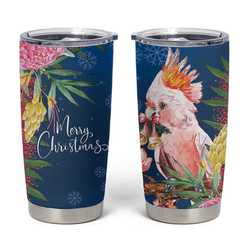 Australia Christmas Pink Cockatoo with Banksia Tumbler Cup Snowy Blue - Aussie Hoodie