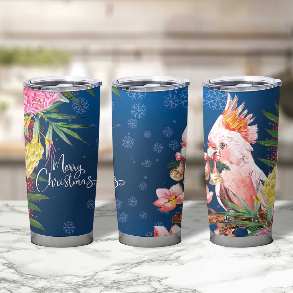 Australia Christmas Pink Cockatoo with Banksia Tumbler Cup Snowy Blue - Aussie Hoodie