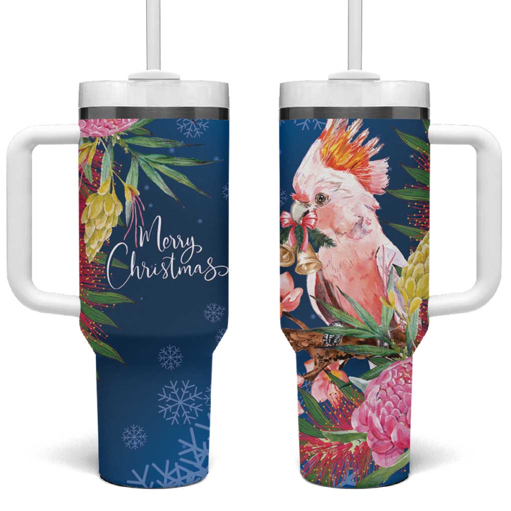 Australia Christmas Pink Cockatoo with Banksia Tumbler With Handle Snowy Blue - Aussie Hoodie