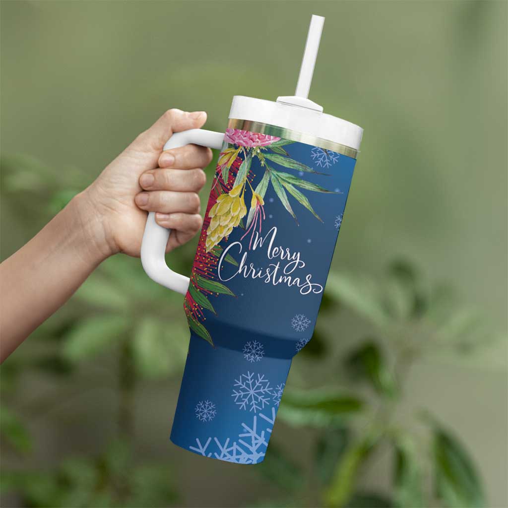 Australia Christmas Pink Cockatoo with Banksia Tumbler With Handle Snowy Blue - Aussie Hoodie