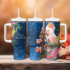 Australia Christmas Pink Cockatoo with Banksia Tumbler With Handle Snowy Blue - Aussie Hoodie