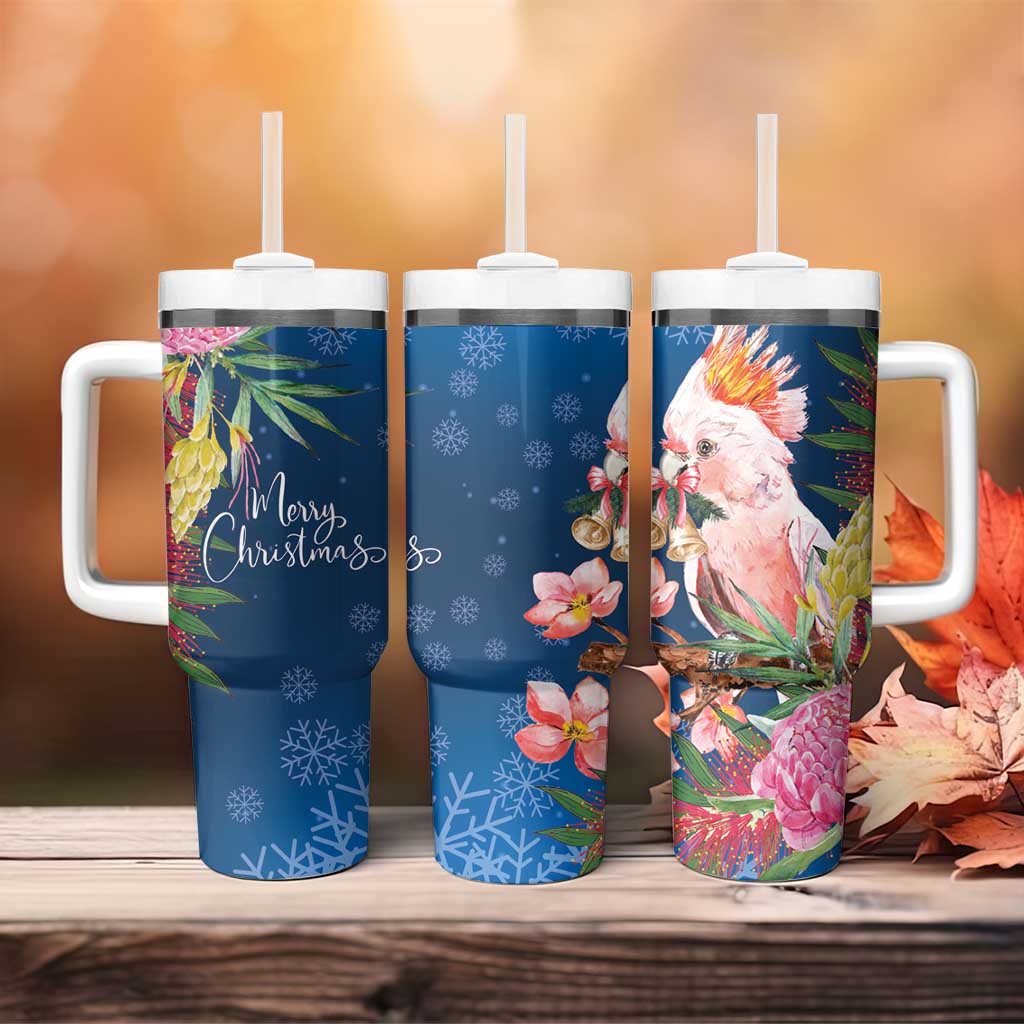 Australia Christmas Pink Cockatoo with Banksia Tumbler With Handle Snowy Blue - Aussie Hoodie