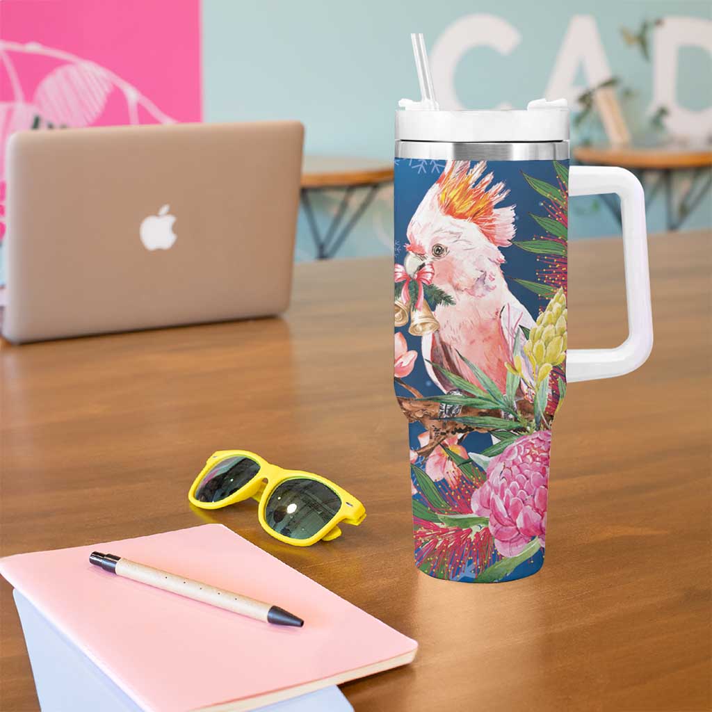 Australia Christmas Pink Cockatoo with Banksia Tumbler With Handle Snowy Blue - Aussie Hoodie