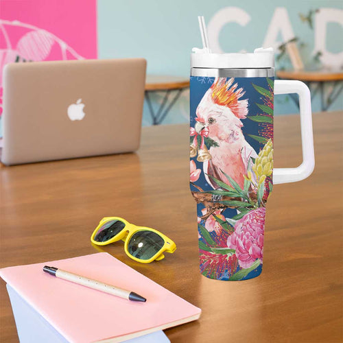Australia Christmas Pink Cockatoo with Banksia Tumbler With Handle Snowy Blue - Aussie Hoodie