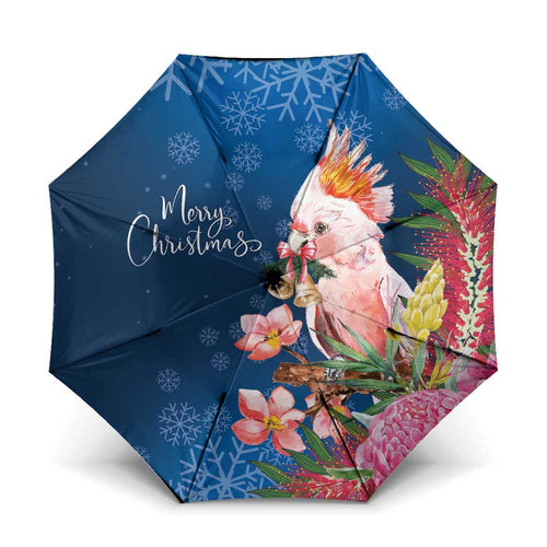 Australia Christmas Pink Cockatoo with Banksia Umbrella Snowy Blue - Aussie Hoodie
