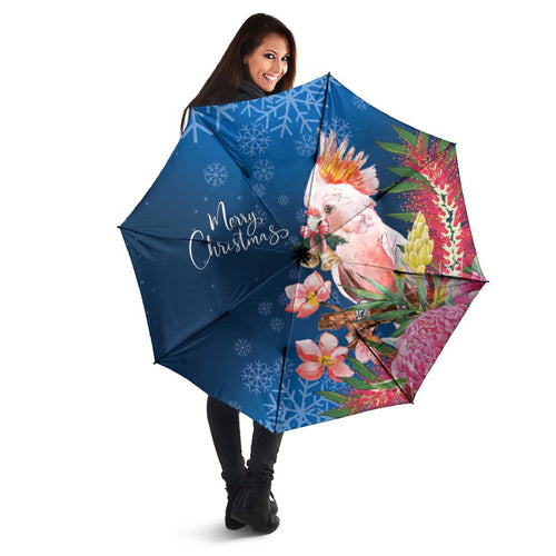 Australia Christmas Pink Cockatoo with Banksia Umbrella Snowy Blue - Aussie Hoodie