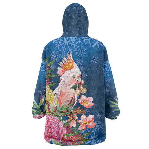 Australia Christmas Pink Cockatoo with Banksia Wearable Blanket Hoodie Snowy Blue - Aussie Hoodie