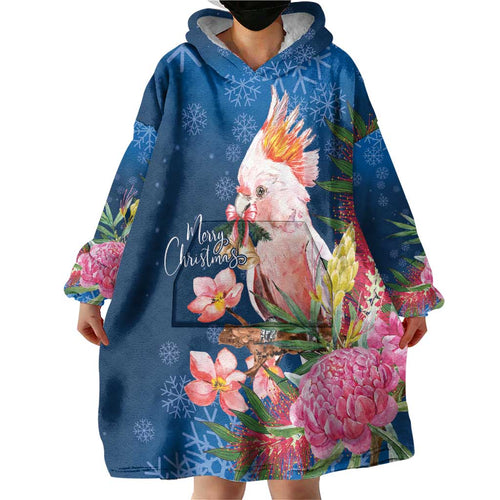 Australia Christmas Pink Cockatoo with Banksia Wearable Blanket Hoodie Snowy Blue - Aussie Hoodie