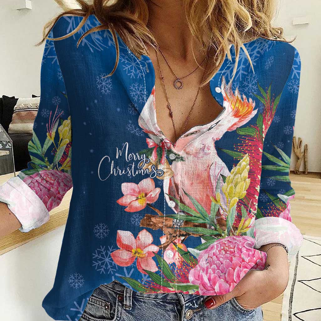 Australia Christmas Pink Cockatoo with Banksia Women Casual Shirt Snowy Blue - Aussie Hoodie