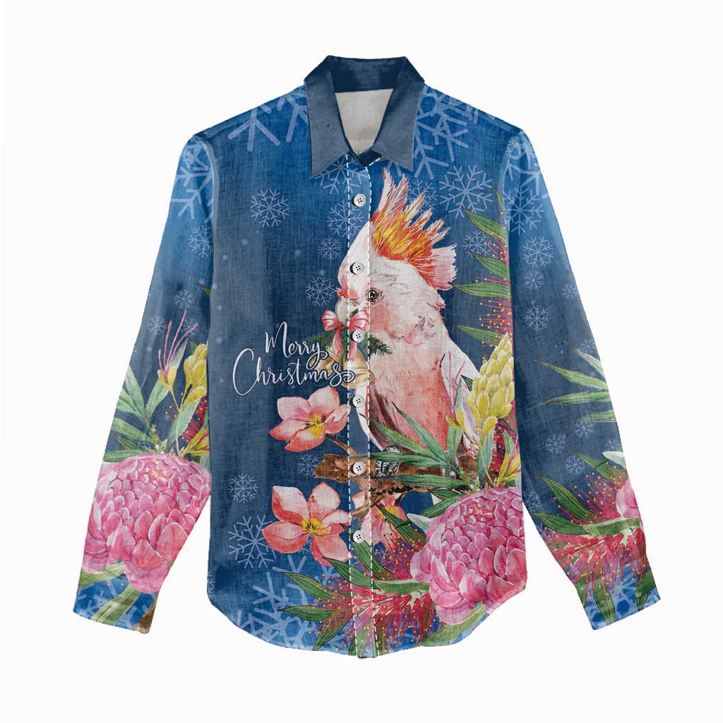 Australia Christmas Pink Cockatoo with Banksia Women Casual Shirt Snowy Blue - Aussie Hoodie