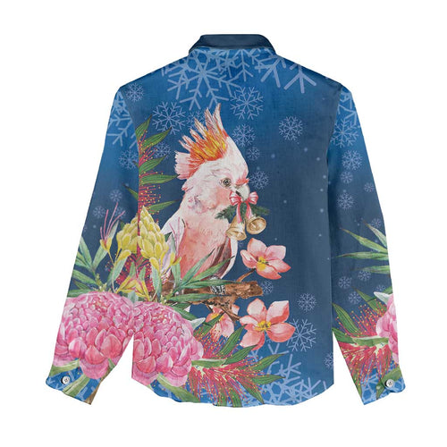 Australia Christmas Pink Cockatoo with Banksia Women Casual Shirt Snowy Blue - Aussie Hoodie