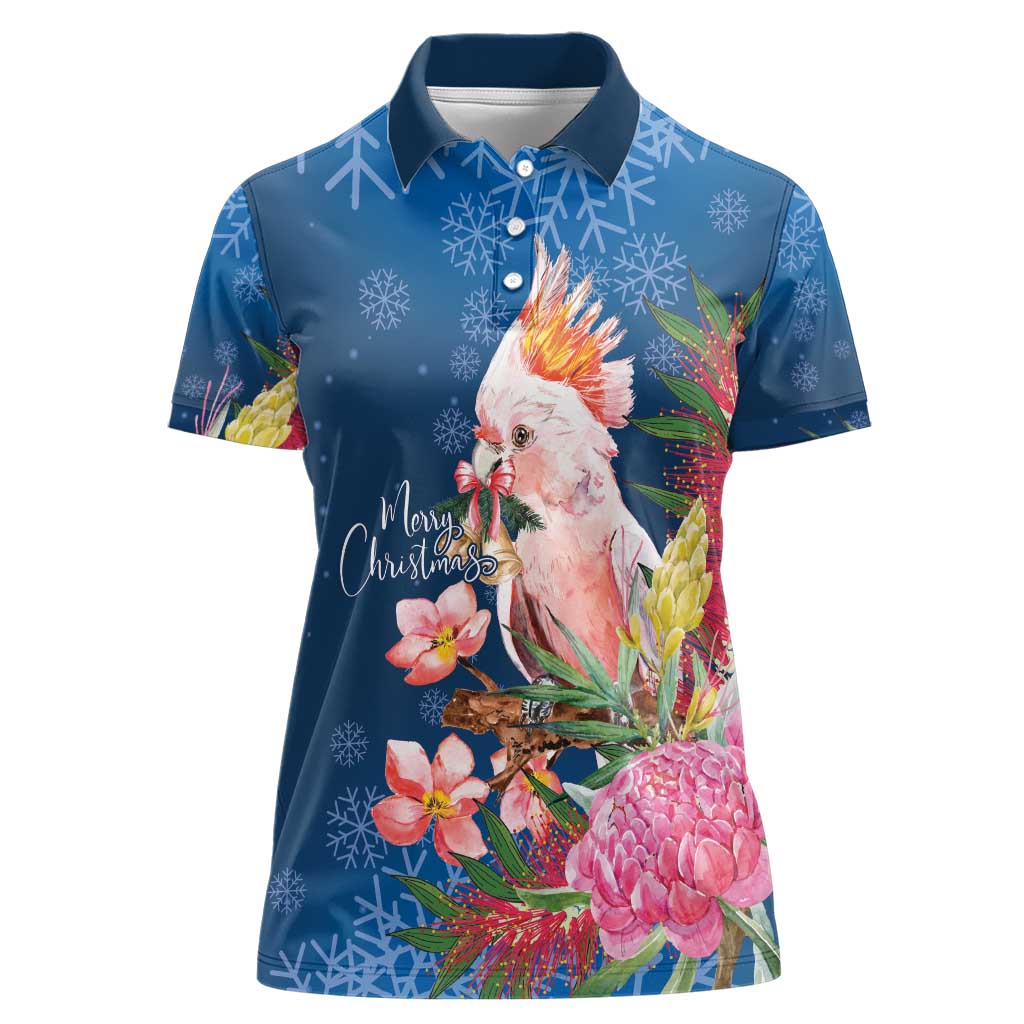 Australia Christmas Pink Cockatoo with Banksia Women Polo Shirt Snowy Blue - Aussie Hoodie