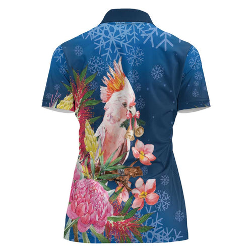 Australia Christmas Pink Cockatoo with Banksia Women Polo Shirt Snowy Blue - Aussie Hoodie