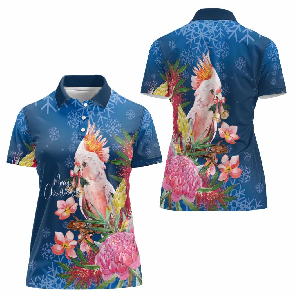 Australia Christmas Pink Cockatoo with Banksia Women Polo Shirt Snowy Blue - Aussie Hoodie