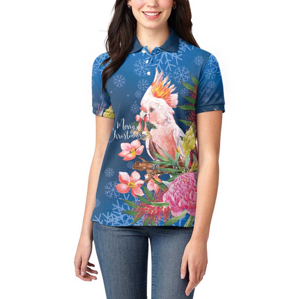 Australia Christmas Pink Cockatoo with Banksia Women Polo Shirt Snowy Blue - Aussie Hoodie