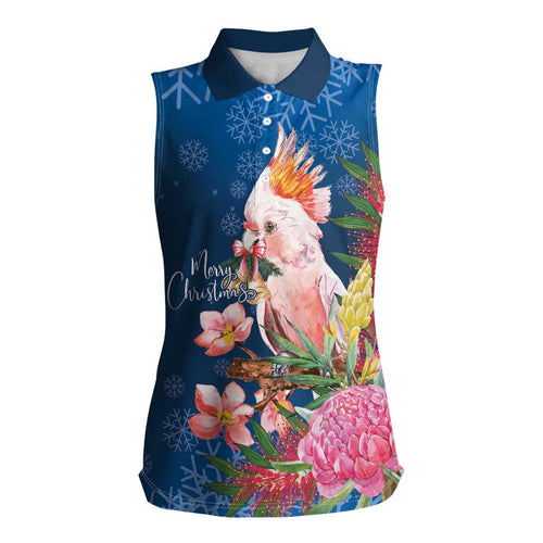 Australia Christmas Pink Cockatoo with Banksia Women Sleeveless Polo Shirt Snowy Blue - Aussie Hoodie