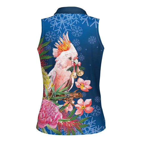 Australia Christmas Pink Cockatoo with Banksia Women Sleeveless Polo Shirt Snowy Blue - Aussie Hoodie