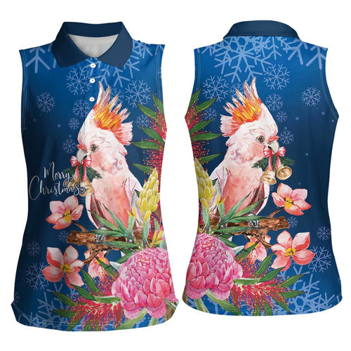 Australia Christmas Pink Cockatoo with Banksia Women Sleeveless Polo Shirt Snowy Blue - Aussie Hoodie