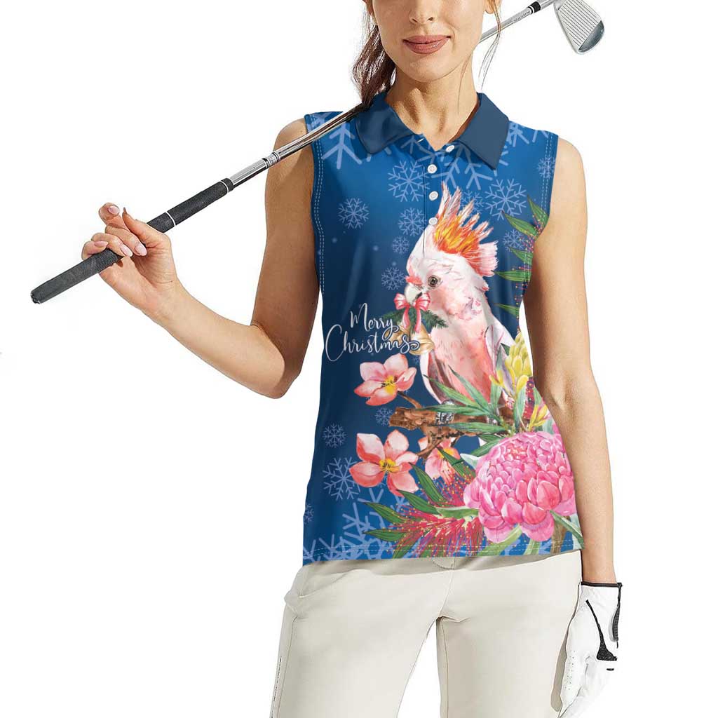 Australia Christmas Pink Cockatoo with Banksia Women Sleeveless Polo Shirt Snowy Blue - Aussie Hoodie