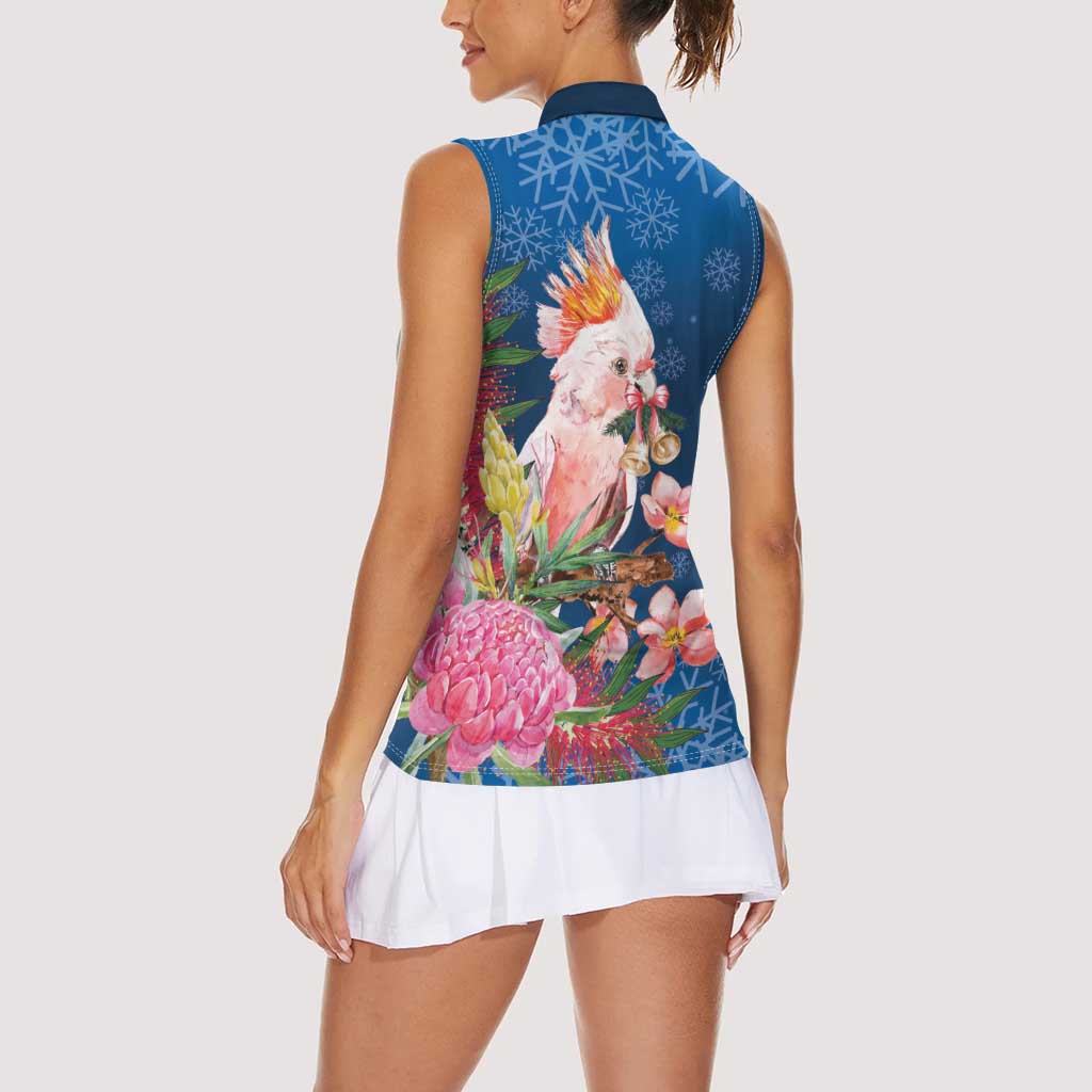 Australia Christmas Pink Cockatoo with Banksia Women Sleeveless Polo Shirt Snowy Blue - Aussie Hoodie