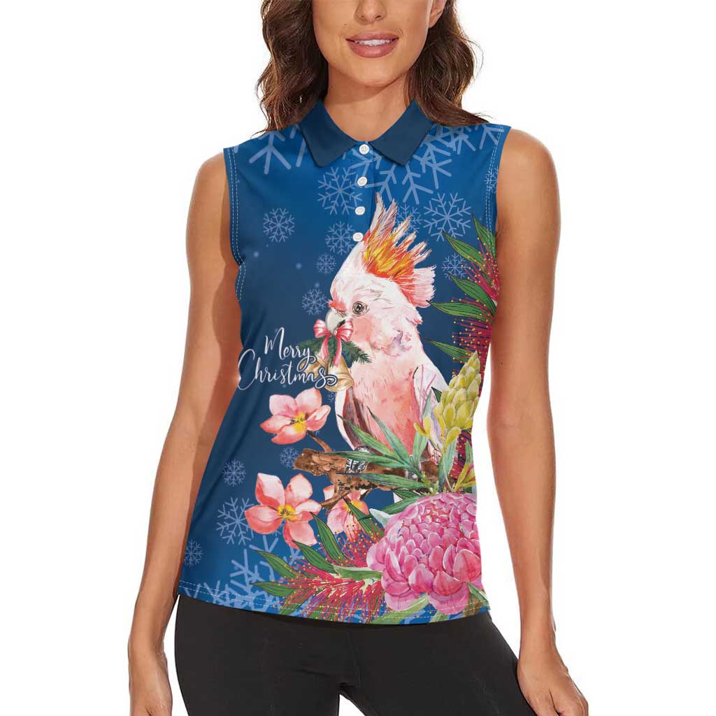 Australia Christmas Pink Cockatoo with Banksia Women Sleeveless Polo Shirt Snowy Blue - Aussie Hoodie