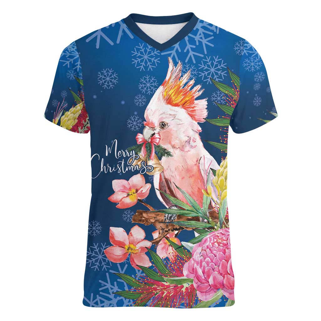 Australia Christmas Pink Cockatoo with Banksia Women V-Neck T-Shirt Snowy Blue - Aussie Hoodie