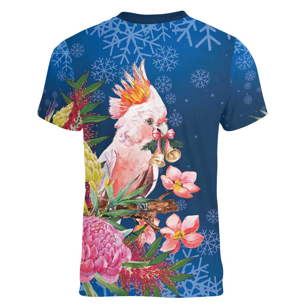 Australia Christmas Pink Cockatoo with Banksia Women V-Neck T-Shirt Snowy Blue - Aussie Hoodie