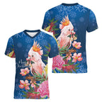 Australia Christmas Pink Cockatoo with Banksia Women V-Neck T-Shirt Snowy Blue - Aussie Hoodie