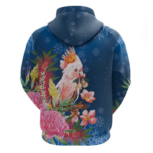 Australia Christmas Pink Cockatoo with Banksia Zip Hoodie Snowy Blue - Aussie Hoodie
