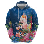 Australia Christmas Pink Cockatoo with Banksia Zip Hoodie Snowy Blue - Aussie Hoodie