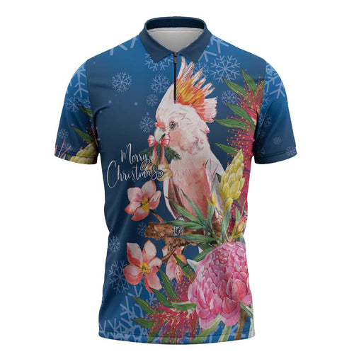 Australia Christmas Pink Cockatoo with Banksia Zipper Polo Shirt Snowy Blue - Aussie Hoodie