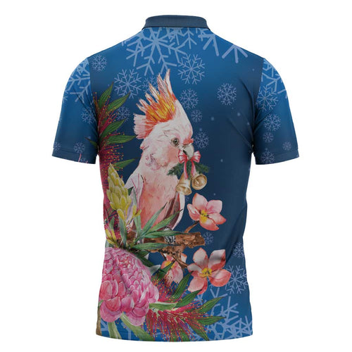 Australia Christmas Pink Cockatoo with Banksia Zipper Polo Shirt Snowy Blue - Aussie Hoodie