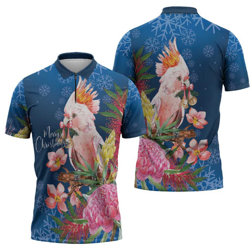 Australia Christmas Pink Cockatoo with Banksia Zipper Polo Shirt Snowy Blue - Aussie Hoodie